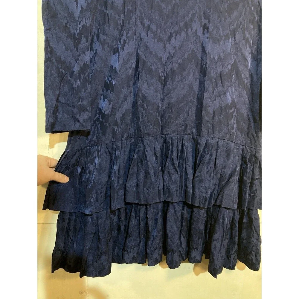 Vintage 90s Ruffle Hem Dress Women Sz 14 Blue Silk Long Sleeve Jacquard Cocktail - Picture 3 of 9